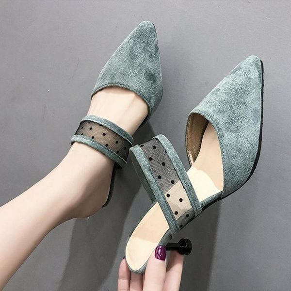 

thin heels summer suede leather ladies women pointed toe lace shoes fashion slides outdoor female sandals elegant 2021 slippers, Black