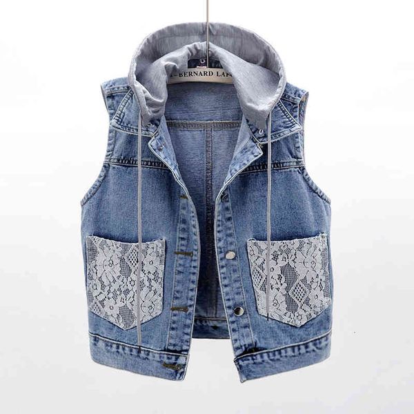

women's summer plus size 5xl removable hooded denim vest women waistcoat lace splice pocket sleeveless jacket female short jeans vests, Black;white