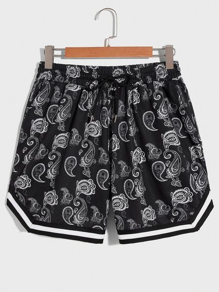 

men paisley print drawstring waist striped trim shorts t7ah#, Black