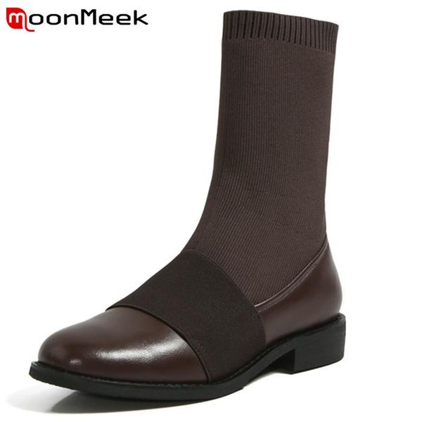 

boots moonmeek 2021 est genuine leather shoes women stretch autumn winter low heel casual ankle black
