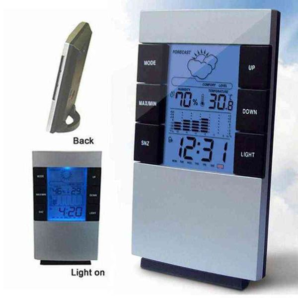 LED-Wecker, Temperatur, Thermometer, Schreibtischzeit, Datumsanzeige, Kalender, Hygrometer, Luftfeuchtigkeitsmesser, Wettervorhersage, Digitaluhr 211112