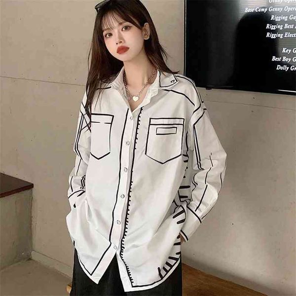 

new chic oversized women's blouses printing shirts spring long sleeve loose blusas mujer 210401, White