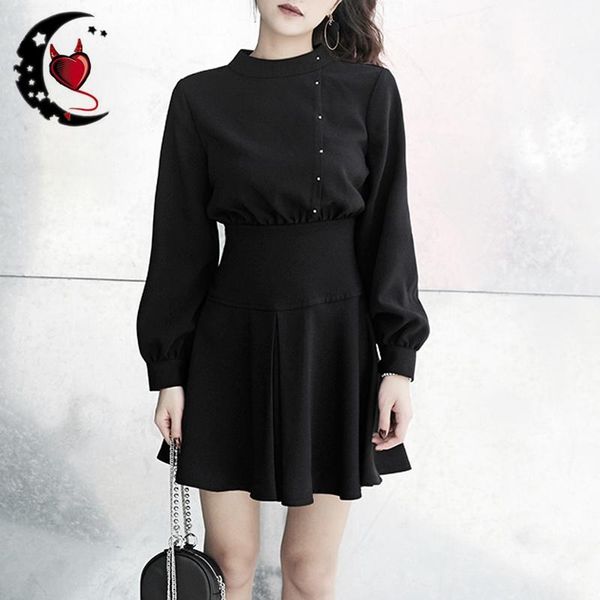 

casual dresses spring autumn gothic girls vintage black mini dress punk style long sleeve slim high waist female a-line, Black;gray