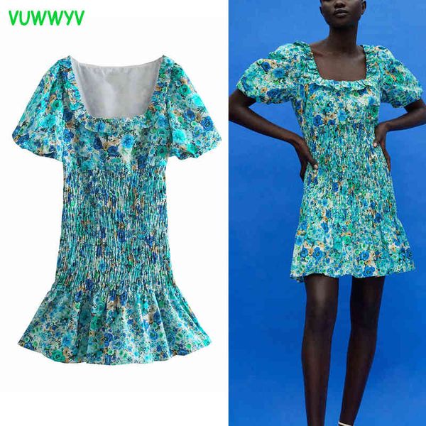 Verão Vestido Verde Floral Impressão Ruffle Africano ES Mulher Manga Curta Ruched Mini Mulheres Elásticas Cintura Vestidos 210430