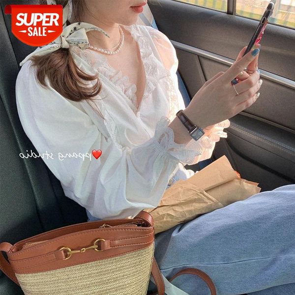 

swan lake early morning super fairy foreign style lace white shirt female korean loose bottoming #et6a