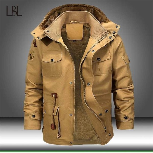 

multi pocket cargo bomber jackets men winter warm hoody jacket mens fleece hip hop windbreaker coats male military tactical coat 211126, Black;brown