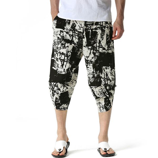 

graffiti mens trousers linen calf-length print pants men hawaiian baggy harem pants casual breathable harajuku streetwear 210524, Black