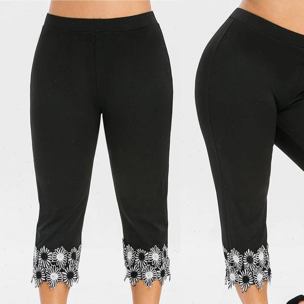 

womail women leggings plus size elastic waist pant casual high waisted pants applique large legging cropped pantalones, Black