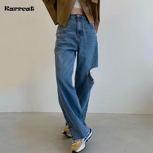 

women's jeans karrcat vintage loose ripped women hole denim pants ladies streetwear blue mom wide leg high waist kpop