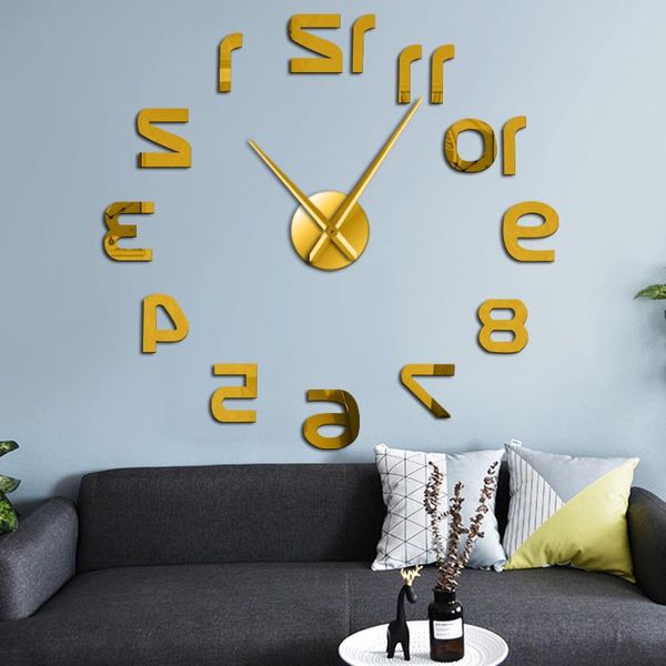 

wall clocks backwards reverse diy large number clock modern giant 3d mirror effect sticker huge watch