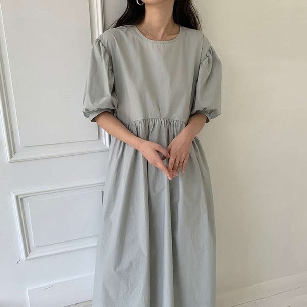 

casual dresses dress women clothesniche versatile round neck double pocket pleated high waist loose medium length bubble sleeve for vmw7, Black;gray