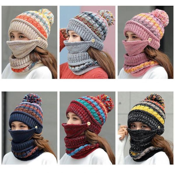 

hats, scarves & gloves sets 3pcs/set striped hat scarf face cover plush ball acrylic fiber buttons thickened knitted fashion accessories, Blue;gray