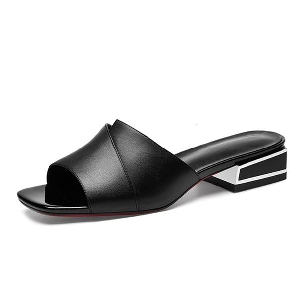 

women slippers summer low heels shoes woman genuine leather sandals open toe ladies 210310, Black