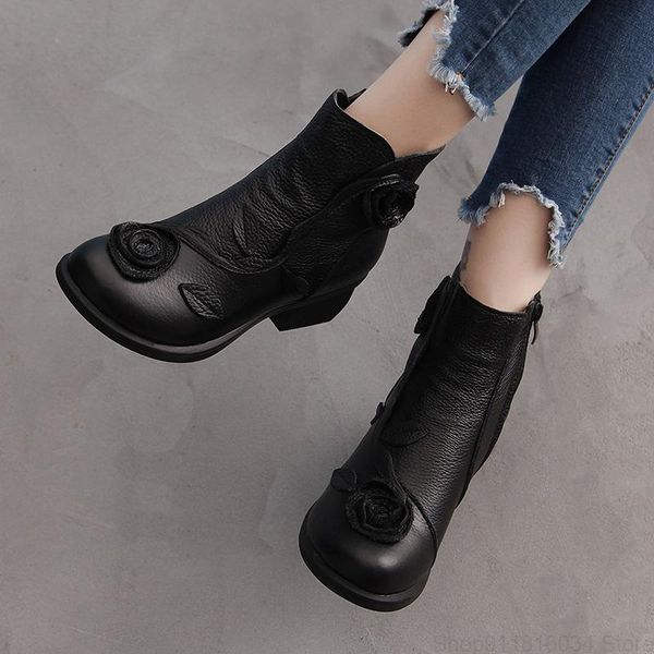 

boots xinrui 2021 autumn and winter thick heel leather national style mid hand sewn flower, Black