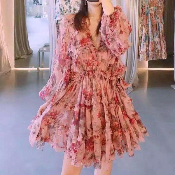 

casual dresses [7evening] ladies stylish floral printing puff sleeve short mini dress with printed slip lining, Black;gray
