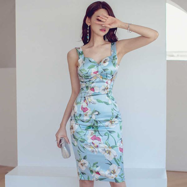 

summer korean version of the temperament v-neck sling slim package hip print dress polyester 210603, Black;gray