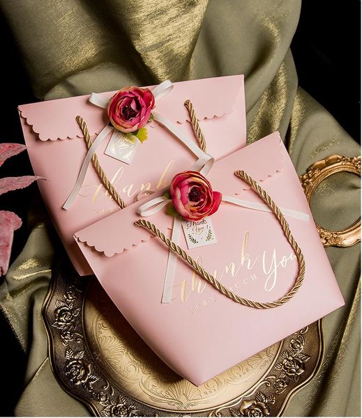 

gift wrap 5pcs pink shopping handle bag packaging color kraft paper pouch package protable ribbon bows decor hand