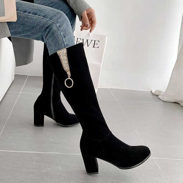 

boots fashion knee high women shoes 2021 autumn winter women's zipper heels white long ladies large size 43, Black