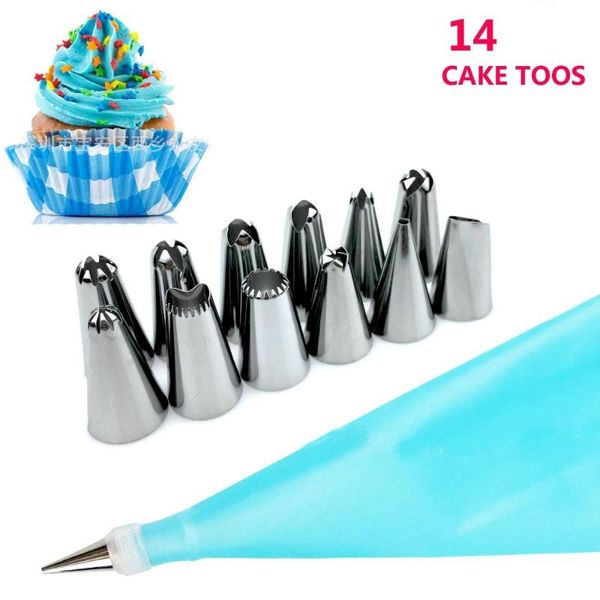 

baking & pastry tools cake with gift 14pcs/set silicone icing piping tip cream bag12 stainless steel nozzle set diy decorating