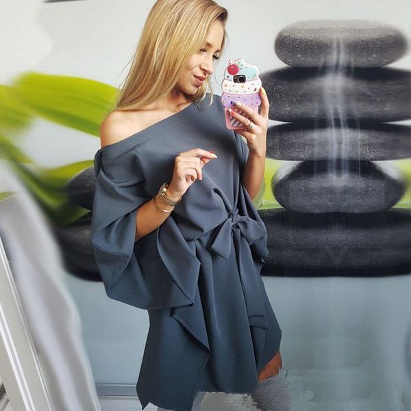 

early autumn women off shoulder bowknot blouses ladies ruffle sleeve bodycon frill blusas camisas mujer women's & shirts, White