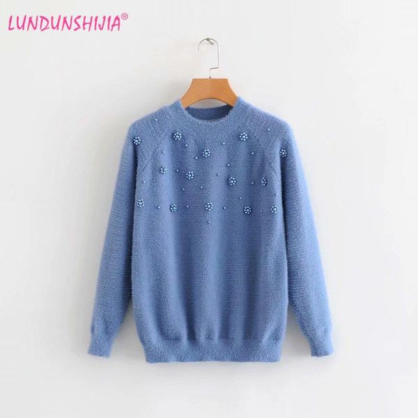 

women's sweaters lundunshijia 2021 arrival winter women warm mink cashmere pullover female sweater hand pearl knitted, White;black