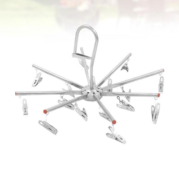 

stainless steel clothes hanger foldable hangers hook anti-skid drying rack with 16pcs clips for home laundry bedroom hooks & rails