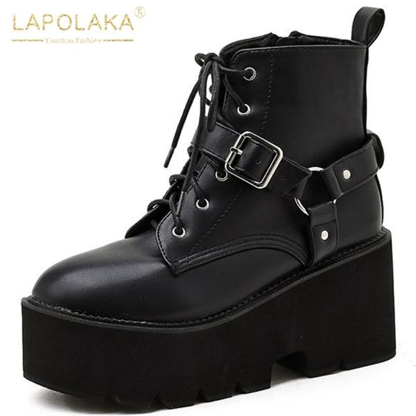 

boots arrivals 2021 platform ankle booties women shoes trendy punk style buckle comfy zipper cross-tied ladies, Black