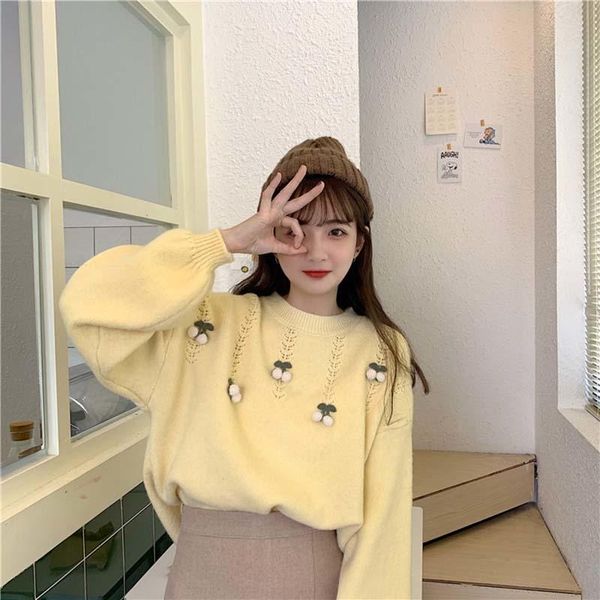 

women's sweaters knitting cherry single lantern sleeve loose women korean o-neck sweet students bottomed thick pullovers sweater, White;black