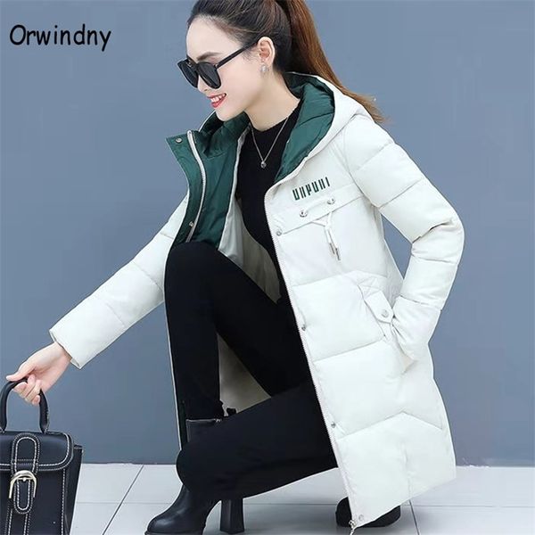 

orwindny women thicken parkas hooded winter coat plus size s-3xl wadded jacket long parka gilrs jaqueta feminina 211013, Black