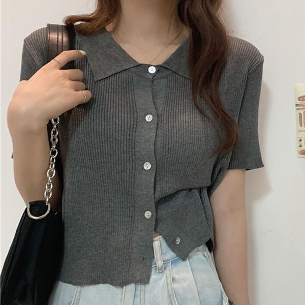 

women's knits & tees ljsxls knitted turn-down collar short sleeve women sweater summer casual crop female solid korean womens clothing, White
