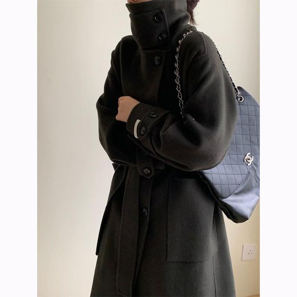 

women's wool & blends double-sided cashmere coat middle long thickened hepburn style vertical collar heavy industrial c011, Black