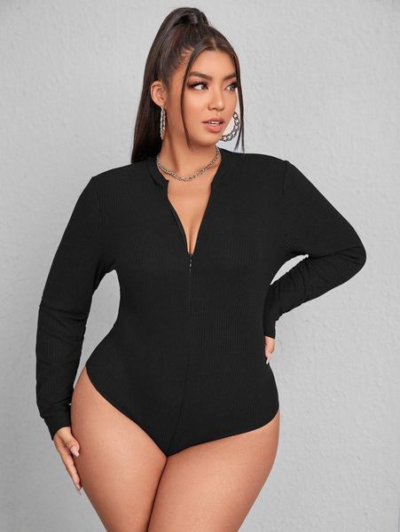 

plus ribbed knit zipper bodysuit u8jo#, Black