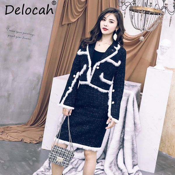 

delocah autumn winter women black set runway fashion designer warm jacket and skirt two pieces vintage elegant lady suit women's piece, White