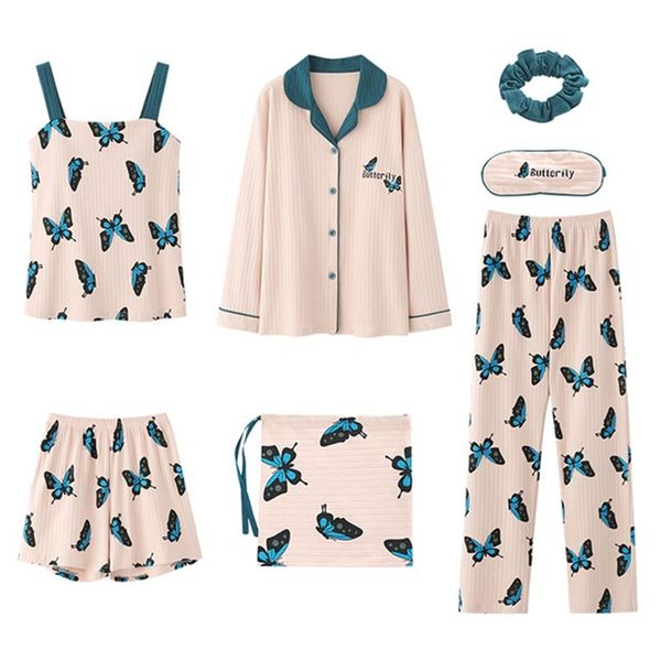 

july's song butterfly print cotton women's 7 pieces pajamas sets with chest pad spring autumn sleepwear female homewear 210330, Black;red