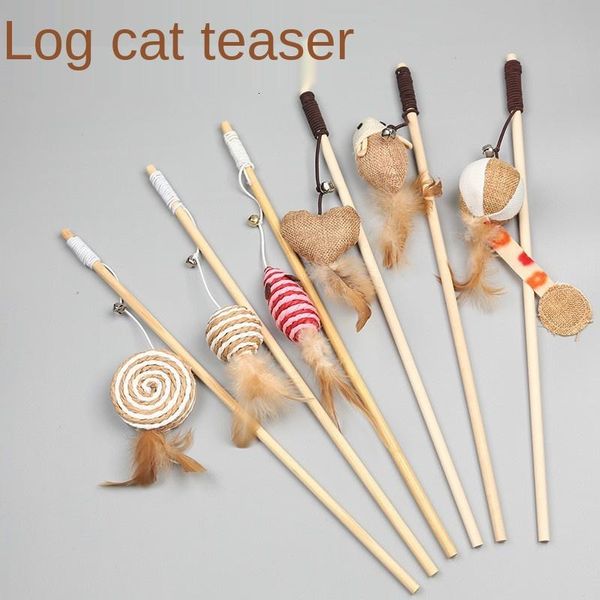 

40cm pet cat teaser toys feather linen wand catcher stick interactive wood rod mouse toy with mini bell