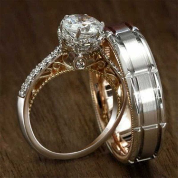 

wedding rings fflacell men and women creative two-color micro-inlaid zircon ring couple party, engagement, gift, Slivery;golden