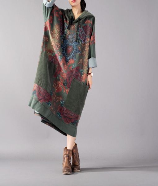 

casual dresses women loose patchwork printed hooded dress ladies big pockets retro print female 2021 autumn, Black;gray
