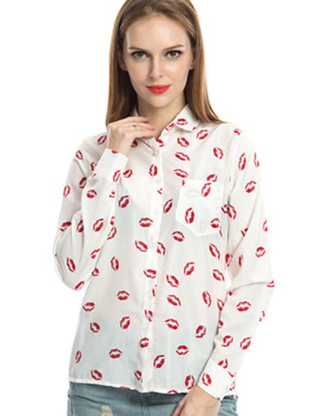 

2021 new womens casual fashion shirt lapel long sleeve lip printed plaid bottoming shirt chiffon shirt, White