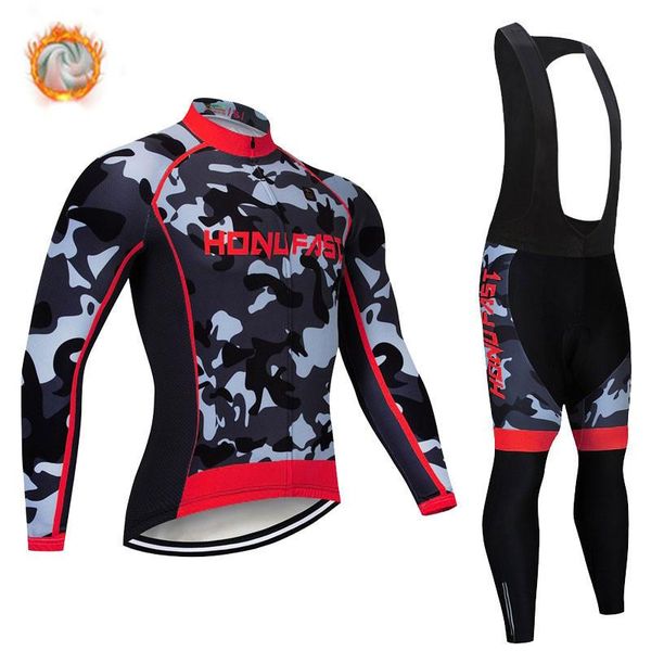 

racing sets winter men's thermal fleece long sleeve riding suit camouflage shirt keep warm and 19d gel padded bib pants, Black;blue