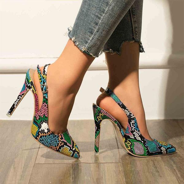 

dress shoes women sandals 2021 ladies snake printthin high heel ankle buckle style female party fashion elegant pointed toe shoe summer, Black