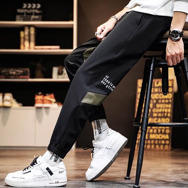 

black men's pant elastic waist back pocket casual ankle length pants for men korean style 2021 spring pencil 4xl