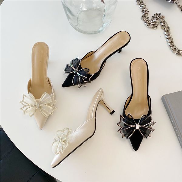

slippers pointy water drill fine heel women's bun bow high muller shoe girl 8k5s, Black