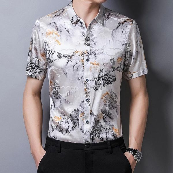 

summer shirt short sleeve chinese style silk satin inch middle aged men's printed casual shirts, White;black
