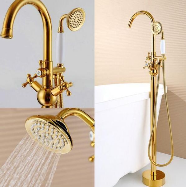 

luxury gold brass bathroom floor decked bathtub faucet set mounted style shower double lever sets