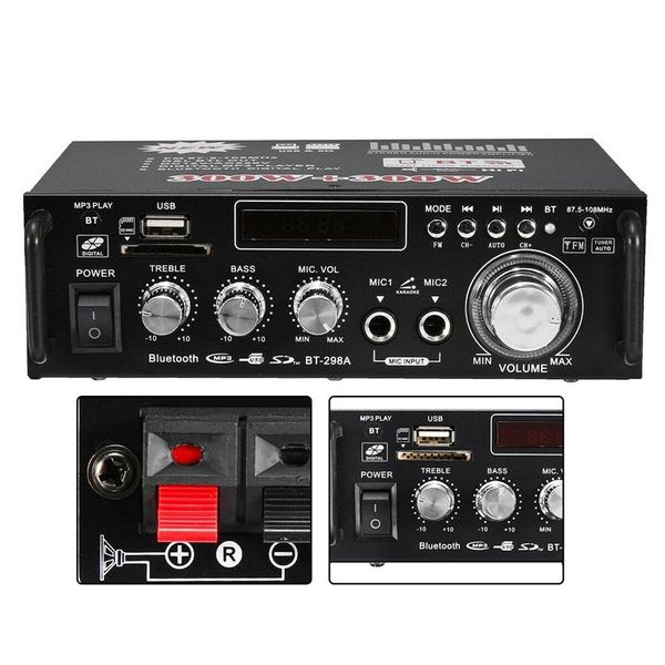 

12v/ 220v bt-298a 2ch lcd display digital hifi audio stereo power bluetooth fm radio 600w for car home towel