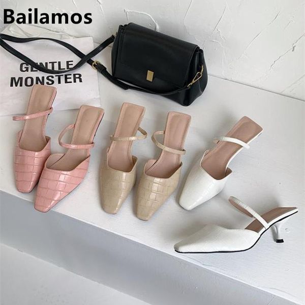 

bailamos 2021spring women slippers thin low heels mules sandals shoes for woman casual slip on stone pattern female slides, Black
