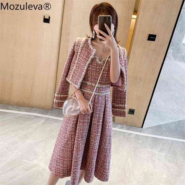 

pink color 2 pcs set fashion bright silk coarse flowers dress outside the two-piece for winter tweed suit 210416, White