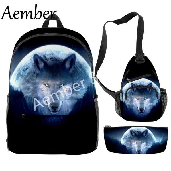 

school bags wolf 3d backpack three-piece suit men and females casual chest bag pencil case street style for females&men