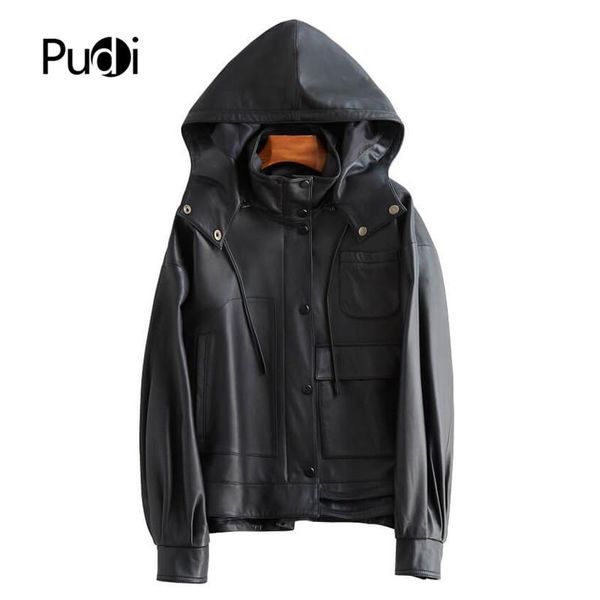 

women's leather & faux pudi women genuine sheep coat suit lady female real skin jacket fall/winter hooded coats trench clothes v2037, Black