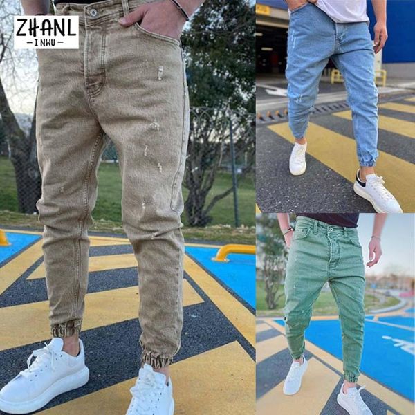 

men's jeans 2021 autumn men joggers cargo pants for harajuku cotton scratched biker casual denim trousers skinny fit sweatpants, Blue